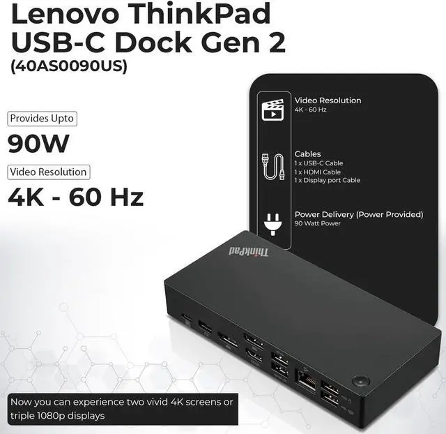 Alt view image 3 of 7 - 40AS0090US Lenovo Thinkpad Docking Station Gen 2-1 Year Warranty, Lenovo Docking Station for Laptop with 90W Adapter, HDMI, USB-C, DisplayPort Cables & Cloth - Universal Thunderbolt 3 Dock