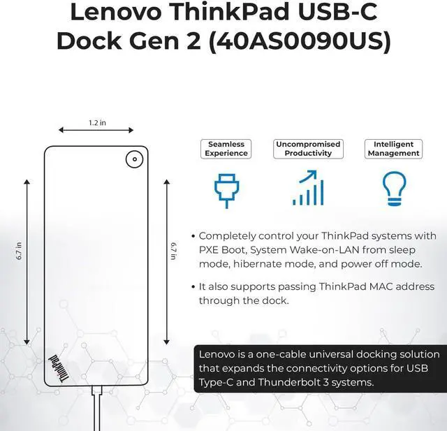 Alt view image 7 of 7 - 40AS0090US Lenovo Thinkpad Docking Station Gen 2-1 Year Warranty, Lenovo Docking Station for Laptop with 90W Adapter, HDMI, USB-C, DisplayPort Cables & Cloth - Universal Thunderbolt 3 Dock