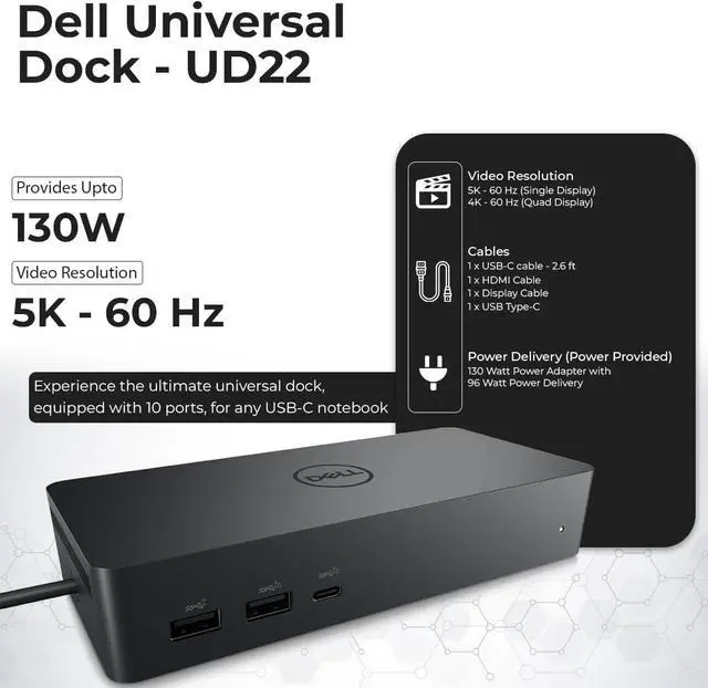 Alt view image 3 of 6 - UD22  Docking Station Dual Monitor Bundle - USB-C/USB-A Universal  Dock for Laptops with 130W Adapter + 4K HDMI Cable + 4K DisplayPort + USB-C Cable + Microfiber Cloth - Supports 4K Display