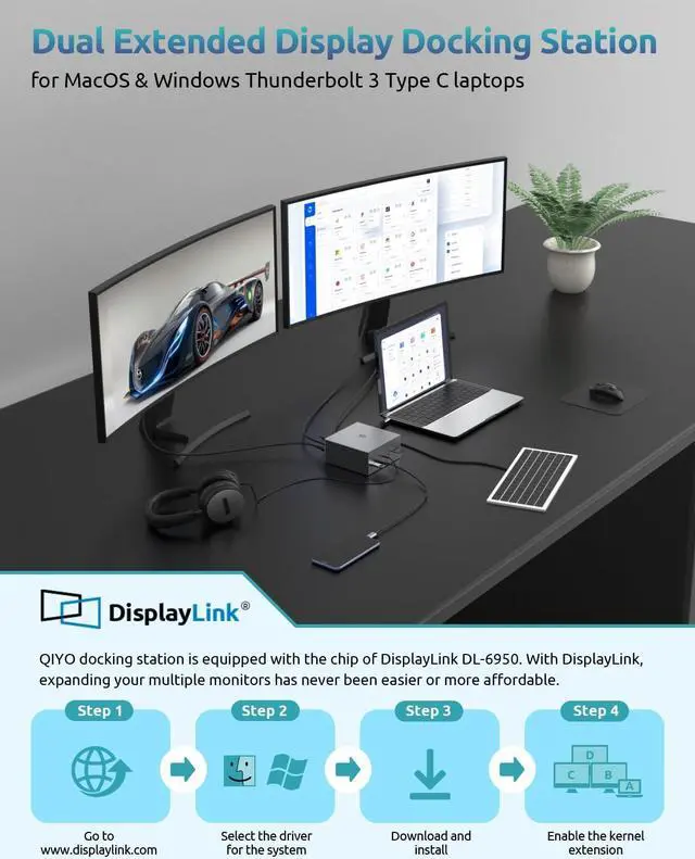 Alt view image 5 of 7 - Docking Station, QIYO USB C Docking Station Dual Monitor with 4K HDMI, 2 DPS, 100W PD, 6 USB Ports, for Type C Windows Laptops - - Bronze Grey-921506