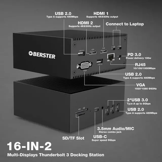 Alt view image 5 of 7 - OBERSTER USB C Docking Station, 16 in 2 Thunderbolt 3 Dock with 2 * 4K HDMI, VGA, Dual USB C Port Cable, PD 100W, 5 * USB A, USB C 3.0, SD/TF, Audio, Ethernet for Mac Pro/Windows
