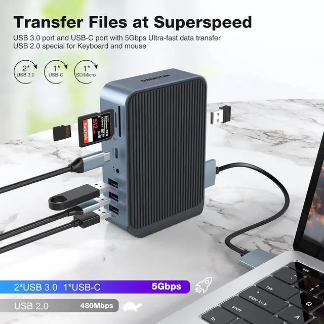Alt view image 4 of 7 - 15 in 2 USB C Adapter, Dual Monitor USB C HUB, USB C Docking Station, with 2 HDMI, VGA,4 USB A, 2 USB C, USB C 3.0, Ethernet, 100W PD, Audio, SD/TF Card Readers Ports for Laptop and More