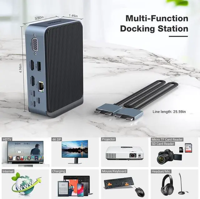 Alt view image 7 of 7 - 15 in 2 USB C Adapter, Dual Monitor USB C HUB, USB C Docking Station, with 2 HDMI, VGA,4 USB A, 2 USB C, USB C 3.0, Ethernet, 100W PD, Audio, SD/TF Card Readers Ports for Laptop and More