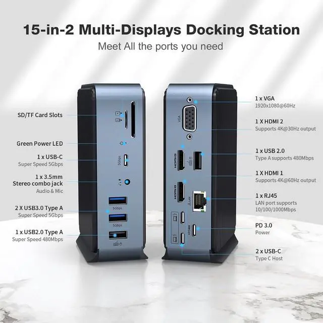 Alt view image 5 of 7 - 15 in 2 USB C Adapter, Dual Monitor USB C HUB, USB C Docking Station, with 2 HDMI, VGA,4 USB A, 2 USB C, USB C 3.0, Ethernet, 100W PD, Audio, SD/TF Card Readers Ports for Laptop and More