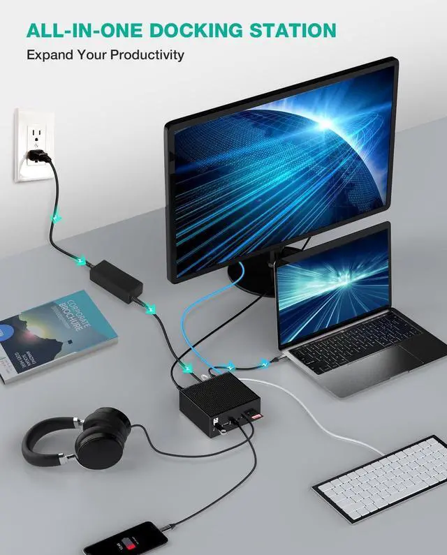 Alt view image 6 of 7 - USB C Docking Station, Triple Display 17-in-1 Dock with DisplayPort, 2 HDMI, 6 USB, LAN, SD/TF Card Readers, 60W Charging, Audio in and Out, DC Input Compatible with Windows/MacOS Laptops