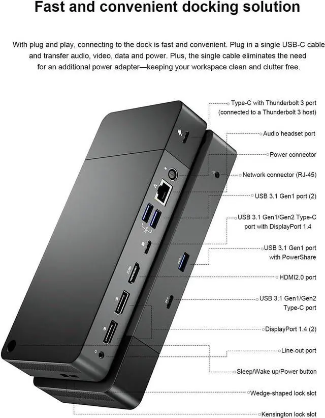 Alt view image 2 of 7 - WD19TB Thunderbolt USB C Dock with 180W AC Power Adapter (Audio Jack, RJ45, 3 USB, 2 USB C, 1 HDMI, 2 Display Ports)