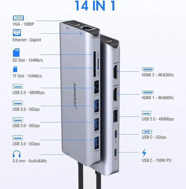 Alt view image 2 of 7 - 14 in 1 & 8 in 1 USB C Docking Station Dual Monitor for Dell/HP/Lenovo/Surface Laptop, Triple Display USB C Hub Multiple Adapter