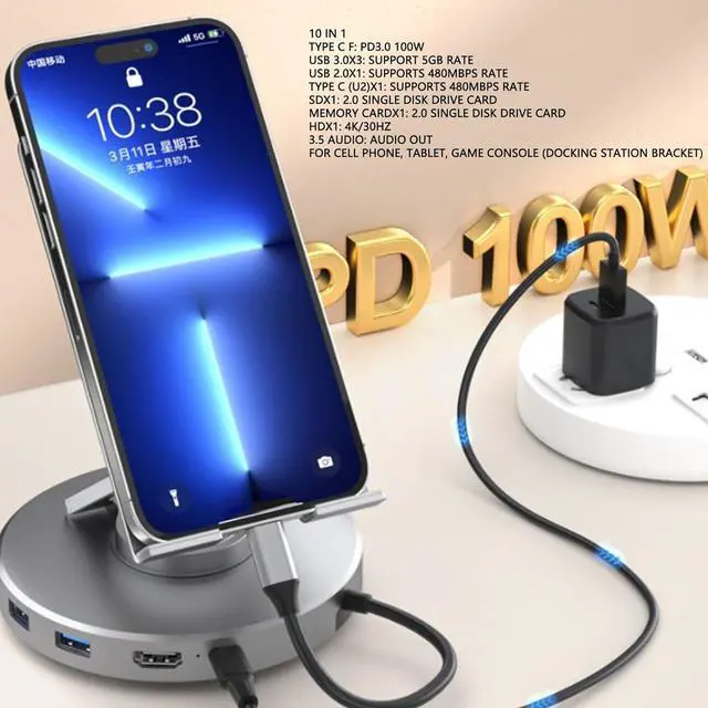 Alt view image 2 of 7 - 10 in 1 USB C HUB Stand, 360° Rotatable Laptop Docking Station with Phone Tablet Stand, Foldable Phone Holder with USB C Hub - 4k USB C USB 2.0 3.0 100W PD 3.5mm Jack Slot