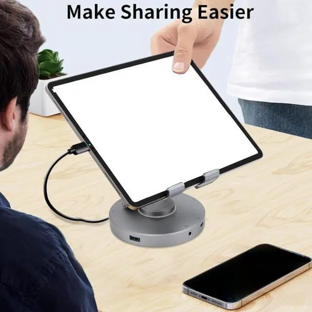 Alt view image 3 of 7 - 10 in 1 USB C HUB Stand, 360° Rotatable Laptop Docking Station with Phone Tablet Stand, Foldable Phone Holder with USB C Hub - 4k USB C USB 2.0 3.0 100W PD 3.5mm Jack Slot