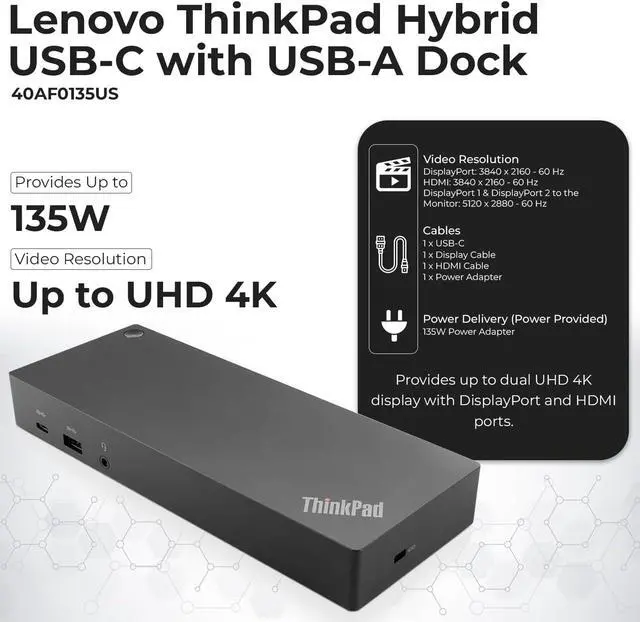 Alt view image 3 of 7 - 40AF0135US Thinkpad Docking Station Dual Monitor Bundle - Docking Station USB C with USB-A + USB Type-A Adapter + HDMI Cable + DisplayPort Cable + USB-C Cable + Microfiber Cloth (New)