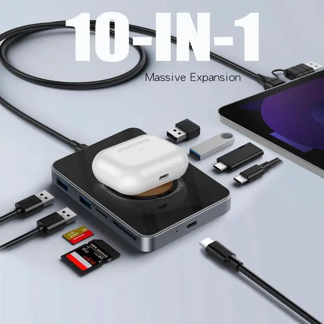 Alt view image 2 of 6 - USB C Hub, 10-in-1 Multi-Port Laptop Docking Station, Professional Docking Station with Fast Transfer, PD Charging, Wireless Charging, for Cellphone, Tablet, Laptop