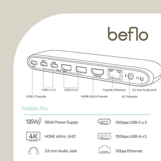 Alt view image 3 of 7 - | Pebble Pro | Portable Laptop Docking Station | USB-C Charging Dock, 8-in-1 Laptop Docking Station, 135W Power Delivery, 4K@60 HDMI, 10Gbps Data Transfer