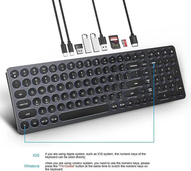 Alt view image 3 of 7 - USB HUB Wired Full Size Computer Keyboard with Number Pad,9 in 1 USB C Docking Station with 4K HDMI,4 USB Ports,100W PD, SD/TF, Compatible with MacBook, MacOS, Windows & Android Black