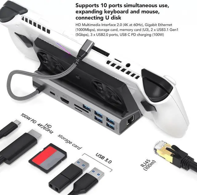 Alt view image 3 of 7 - 10 in 1 Dock Station Hub, USB C Docking Station with Dual Cooling Fan, Aluminum Alloy for Steam Deck Docking Station, HD Multimedia Interface 2.0 Output