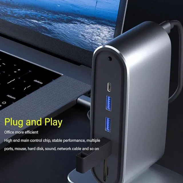 Alt view image 2 of 7 - USB C Docking Station, 12 in 1 Universal Laptop Docking Station, 4K HD Multimedia Interface, 10 Gbps USB C and 5 Gbps USB A Data, Ethernet, AUX Port, Storage Card Slot