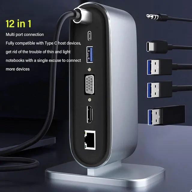 Alt view image 3 of 7 - USB C Docking Station, 12 in 1 Universal Laptop Docking Station, 4K HD Multimedia Interface, 10 Gbps USB C and 5 Gbps USB A Data, Ethernet, AUX Port, Storage Card Slot