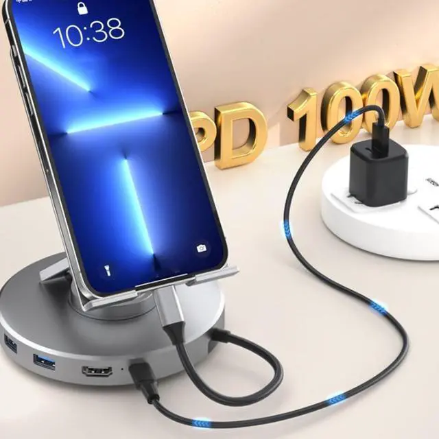 Alt view image 3 of 7 - 10 in 1 USB C HUB Stand, 360° Rotatable Laptop Docking Station with Phone Tablet Stand, Foldable Phone Holder with USB C Hub - 4k Type C USB 2.0 3.0 100W PD 3.5mm Aux Slot