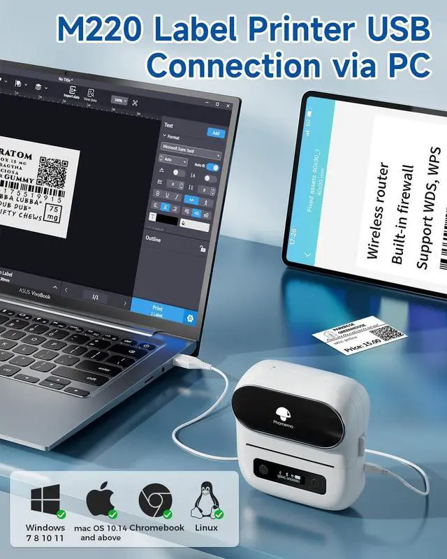 Alt view image 4 of 7 - M220 Label Maker, Phomemo New Flagship 3.14 Inch Bluetooth Portable Thermal Label Printer for Barcode, Address, Labeling, Mailing, File Folder Label, Easy to Use, Support Phone&PC, With 3 Coiled Label
