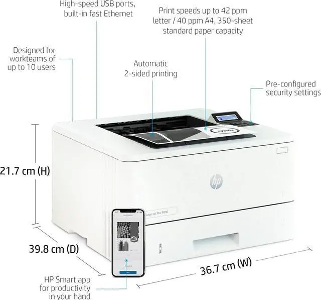 Alt view image 2 of 7 - Ennovor NewH-PLaser-Jet Pro 4001 dn Monochrome Laser Printer - Print only - Mobile Printing, 42 ppm, 1200 x 1200 dpi, 2-line LCD, Ethernet, Hi-Speed USB, Auto 2-Sided Printing, 8.5 x 14