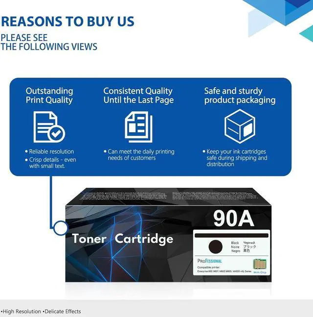 Alt view image 6 of 7 - CE390A 90A Black Toner Cartridge with Chip 2-Pack, 90A Ink Cartridge Replacement for HP 90A CE390A 90X CE390X for Laser Enterprise 600 M601 M602 M603 M4555 MFP M602x M602n M603dn Series Printer Ink