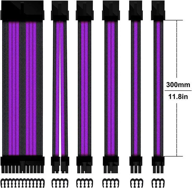 Main image of Sleeved Cable - Cable Extension for Power Supply with Extra-Sleeved 24-PIN 8-PIN 6-PIN 4+4-PIN with Combs- Black and Purple