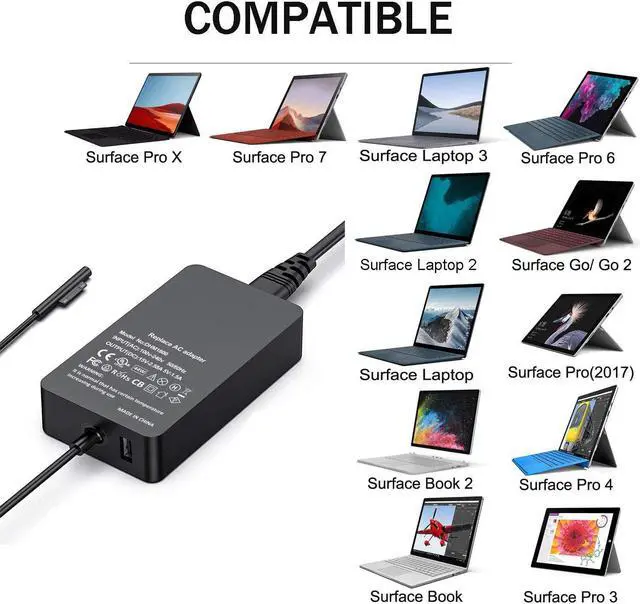 Alt view image 2 of 7 - DHMXDC Surface Charger 44W 15V 2.58A Compatible with Microsoft Surface Laptop 1/2/3, New Surface Pro 7/6/5/4/3/X, Surface Book 1/2, Surface Go 1/2
