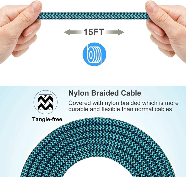 Alt view image 3 of 5 - USB Type C Cable 15ft with 3A Fast Charging, Ultra Long and Extremely Durable Nylon Braided USB C Charger Cord for Galaxy S10/S9/S8/Google Pixel/LG/OnePlus/Moto and More (Blue)