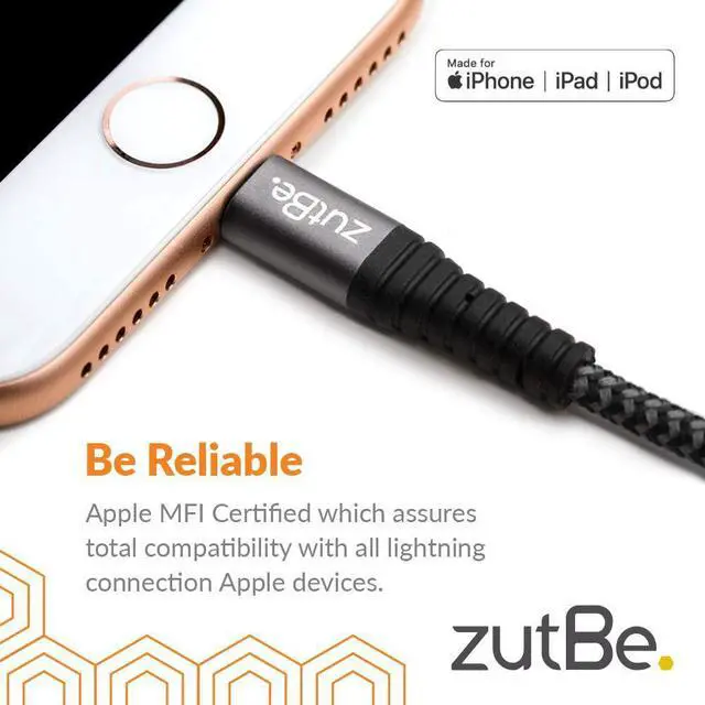 Alt view image 3 of 4 - zutBe Shield Silver&Black MFi Certified Lightning Cable, Reinforced Braided Kevlar Charger Compatible with All iPhone 12, SE, 11, X, 8, 7, 6, iPad, iPod [Be Charitable, Durable, Confident] (10 Ft)