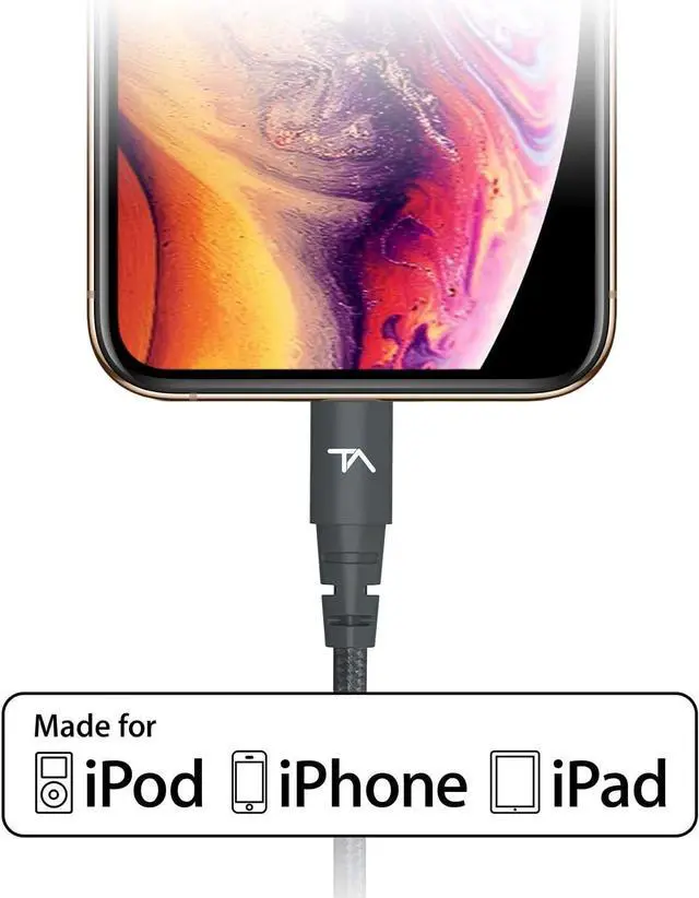Alt view image 6 of 6 - MFi Certified Lightning Cable to USB A - 2FT Space Grey - Tough-Braided Extra-Strong Jacket - Sync/Charge iPhone & iPad