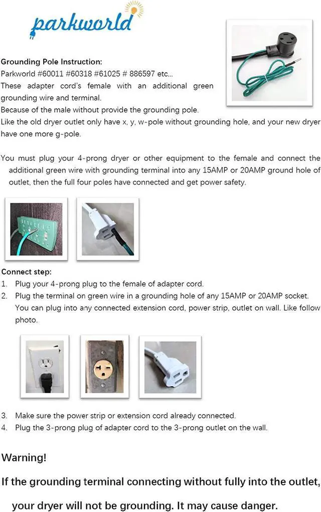 Alt view image 4 of 4 - Parkworld 61025 Adapter Cord NEMA 10-50P Male to Dryer 14-30R Female, 30A, 125V/250V, 1.5FT