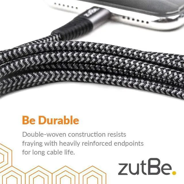 Alt view image 2 of 4 - zutBe Shield Silver&Black MFi Certified Lightning Cable, Reinforced Braided Kevlar Charger Compatible with All iPhone 12, SE, 11, X, 8, 7, 6, iPad, iPod [Be Charitable, Durable, Confident] (10 Ft)