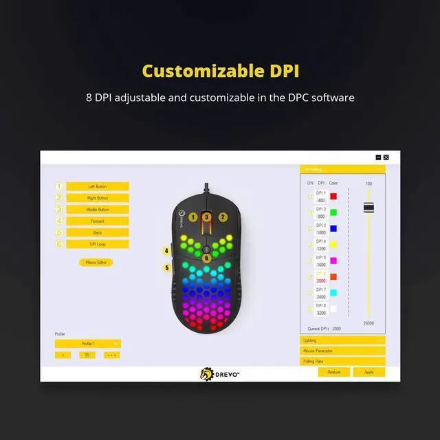 Alt view image 5 of 6 - DREVO Falcon Full RGB Wired Lightweight 70g Gaming Mouse 16000DPI Optical Sensor PixArt 3389, 1000Hz Report Rate, 400IPS, Ultra-Soft Cable and Honeycomb Shell - Black