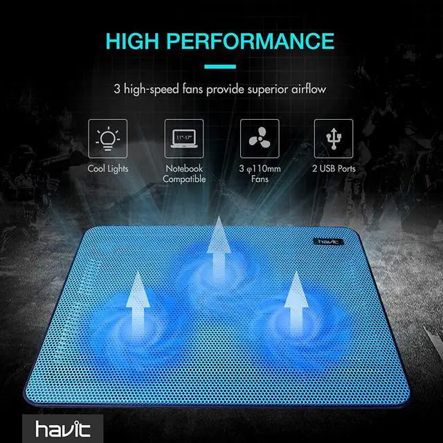 Alt view image 2 of 7 - Havit HV-F2056 15.6-17 Inch Laptop Cooler Cooling Pad - Slim Portable USB Powered (3 Fans) (Blue)