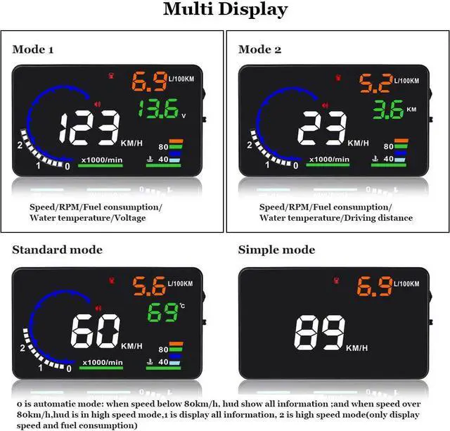 Alt view image 3 of 7 - 5.5 inches A8 OBD2 Windshield HUD Head Up Display with Display RPM MPH Speeding Warning Fuel Consumption Temperature