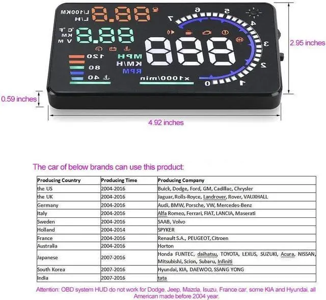 Alt view image 5 of 7 - 5.5 inches A8 OBD2 Windshield HUD Head Up Display with Display RPM MPH Speeding Warning Fuel Consumption Temperature