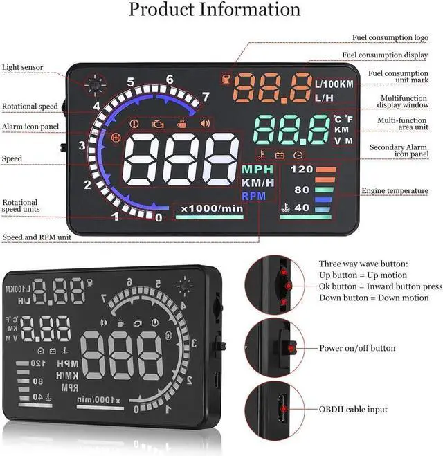Alt view image 4 of 7 - 5.5 inches A8 OBD2 Windshield HUD Head Up Display with Display RPM MPH Speeding Warning Fuel Consumption Temperature