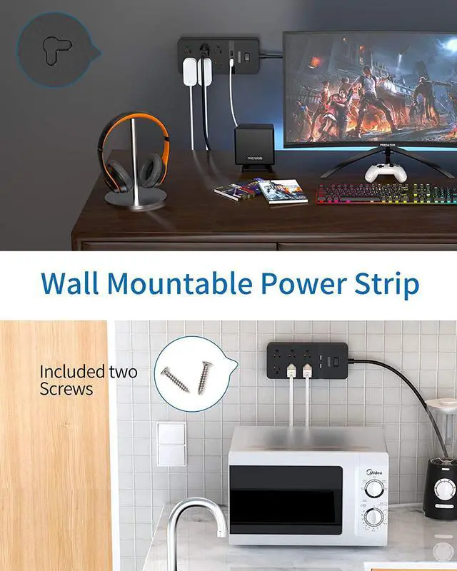 Alt view image 4 of 7 - 2 Prong Surge Protector Power Strip with 10ft Extension Cord, NTONPOWER 2 Prong to 3 Prong Outlet Adapter with 6 Outlets 2 USB Ports, 2100J Surge Protector Wall Mount for Old House Non-Grounded Outlet