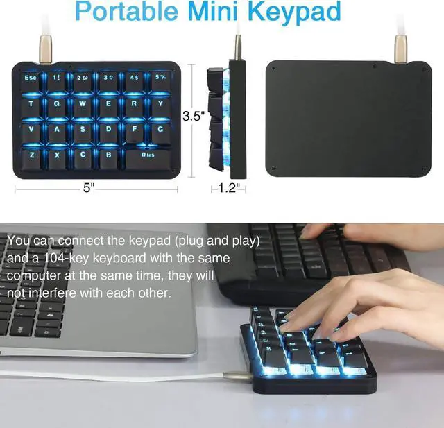 Alt view image 2 of 7 - Koolertron One Handed Macro Mechanical Keyboard, Blue LED Backlit Portable Mini One-Handed Mechanical Gaming Keypad 23 Fully Programmable Keys Red Switches (Blue Backlit/Red switches)