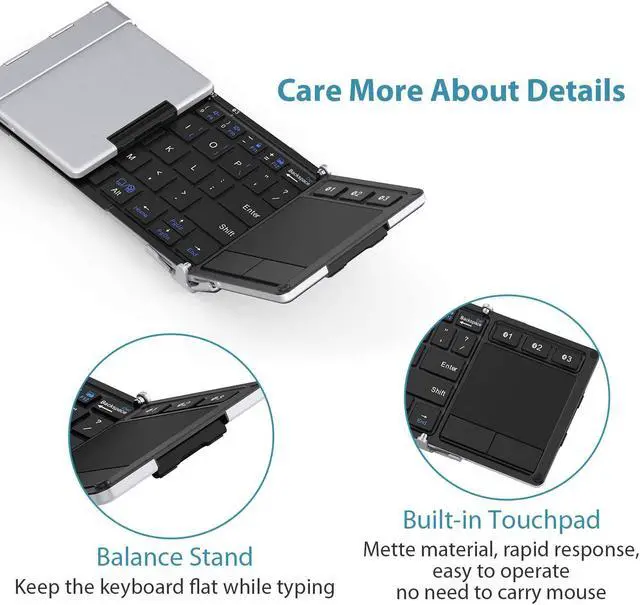 Alt view image 3 of 7 - Foldable Keyboard Bluetooth, iClever BK08 Folding Keyboard with Touchpad, Aluminum Build, Multi-Devices Travel Keyboard, USB-C Charge Keyboard with Stand Holder for iPad, iPhone, Smartphone and Tablet