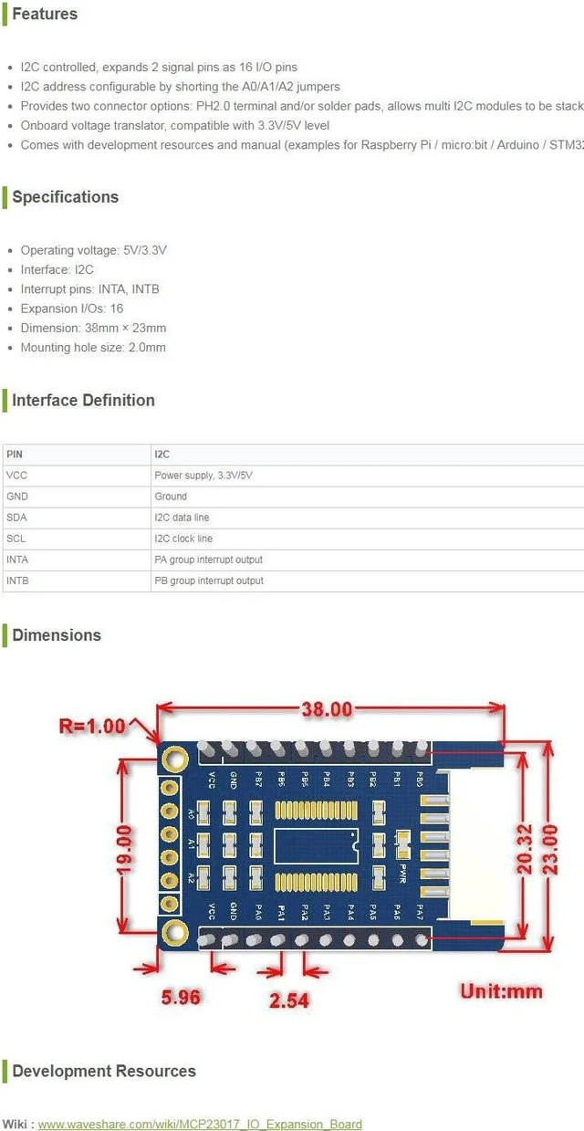 Alt view image 3 of 3 - Waveshare MCP23017 IO Expansion Board I2C Interface Expands 2 Signal Pins as 16 I/O Pins Compatible with 3.3V and 5V Levels