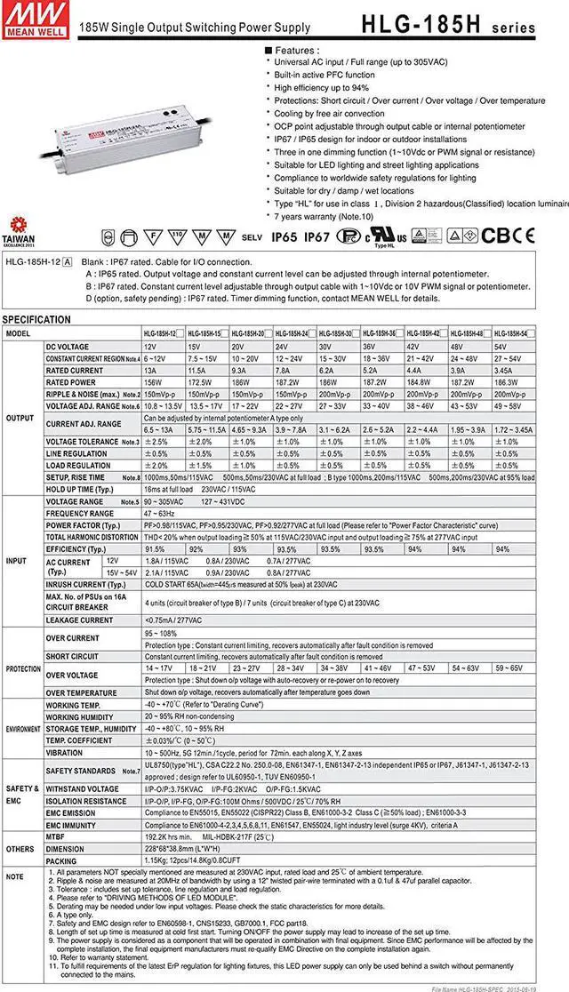 Alt view image 2 of 7 - MEAN WELL HLG-185H-48B HLG SERIES 185 W 3.9 A 48 V LED DRIVER MODULE - 1 item(s)