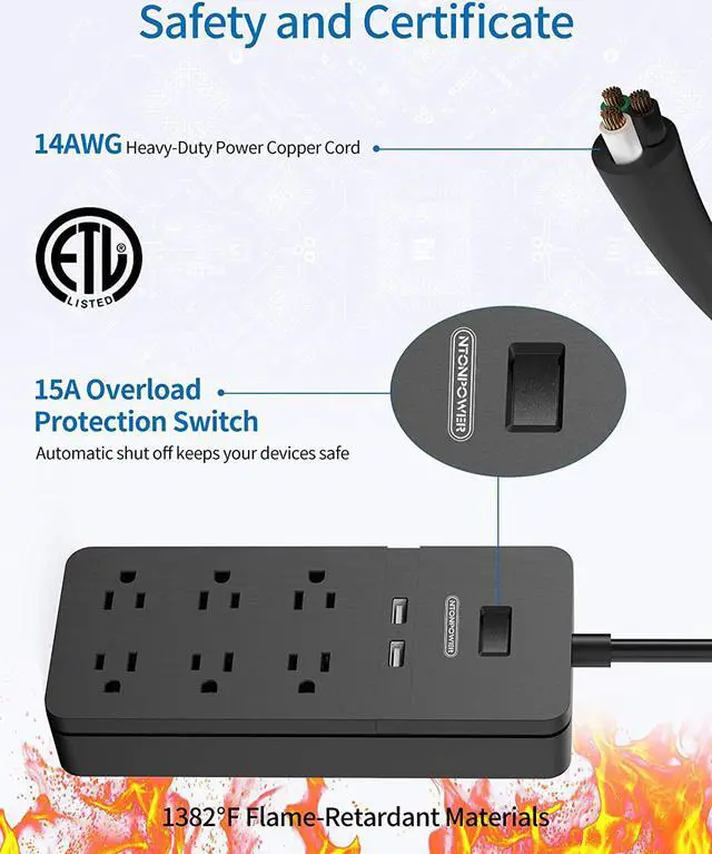 Alt view image 6 of 7 - 2 Prong Surge Protector Power Strip with 10ft Extension Cord, NTONPOWER 2 Prong to 3 Prong Outlet Adapter with 6 Outlets 2 USB Ports, 2100J Surge Protector Wall Mount for Old House Non-Grounded Outlet