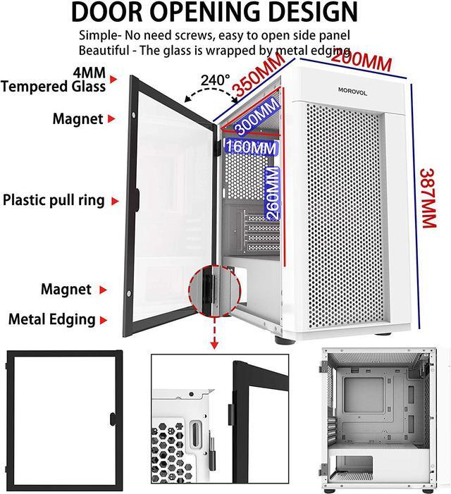 Alt view image 3 of 6 - MOROVOL MESH Micro-ATX Tower 2 PCS 120MM ARGB Fans Computer Case USB 3.0 Ports Opening Tempered Glass Panel & Mesh Front Panel Airflow Gaming PC Case (White)