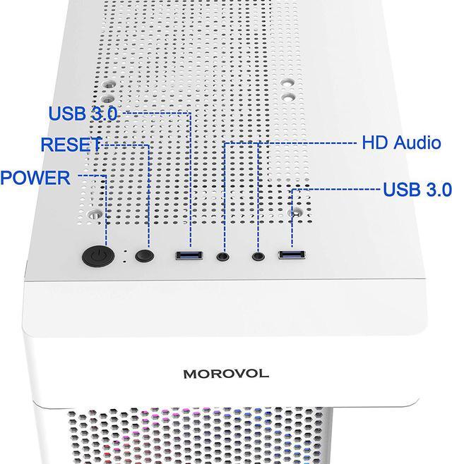 Alt view image 6 of 6 - MOROVOL MESH Micro-ATX Tower 2 PCS 120MM ARGB Fans Computer Case USB 3.0 Ports Opening Tempered Glass Panel & Mesh Front Panel Airflow Gaming PC Case (White)