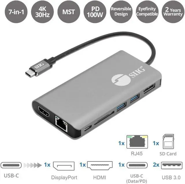 Alt view image 2 of 7 - SIIG USB-C MST Dual Display Docking Station Video Adapter for Windows, Mac [Single 4k, Dual 1080p], 100W PD, Multi-Port Hub, 2 USB 3.0 Ports, USB-C Port, HDMI/DP/Gigabit Ethernet/SD (JU-DK0F11-S1)