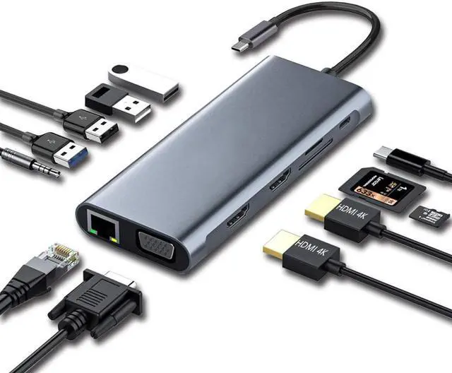 Main image of USB 3.1 Type C Docking Station, USB C Hub, 12-in-1 Triple Display Dual 4K HDMI, VGA, PD100W,Gigabit Ethernet RJ45, USB3.0,SD/TF, Type C Laptop Dock Station Adapter Compatible for MacBook and Windows