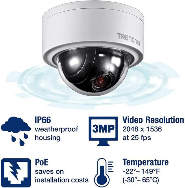 Alt view image 3 of 7 - TRENDnet Indoor/Outdoor 3MP Motorized PTZ Dome Network Camera, 4X Optical Zoom, 16x Digital Zoom, Autofocus, IP66 Housing, Free iOS and Android Mobile apps, ONVIF Profile S, TV-IP420P