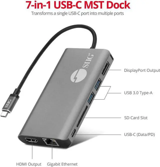Alt view image 3 of 7 - SIIG USB-C MST Dual Display Docking Station Video Adapter for Windows, Mac [Single 4k, Dual 1080p], 100W PD, Multi-Port Hub, 2 USB 3.0 Ports, USB-C Port, HDMI/DP/Gigabit Ethernet/SD (JU-DK0F11-S1)