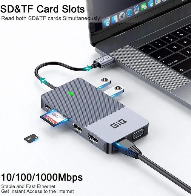 Alt view image 7 of 7 - USB Docking Station GIQ USB C Hub USB 3.0 to Dual HDMI VGA Adapter Triple Display USB C Laptop Docking Station Dual Monitors Compatible with MacBook M1 USB Dock