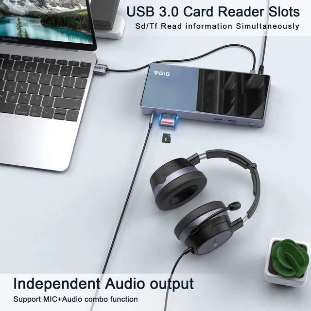 Alt view image 6 of 7 - USB C Docking Station,GIQ 15in1 USB 3.0 C to Single 5K Dual 4K@60hz HDMI Displayport Output,USB 3.0 Ports,1G Gigabit Ethernet,Card Reader,Compatible with Windows/Vista/Android/Ubuntu/MAC OS,Chrome OS